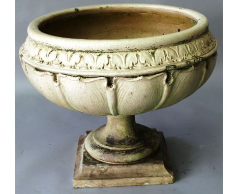 A GLAZED STONEWARE PEDESTAL JARDINIERE IN ART NOUVEAU STYLE, the moulded circular bowl supported on a square base. Impressed 