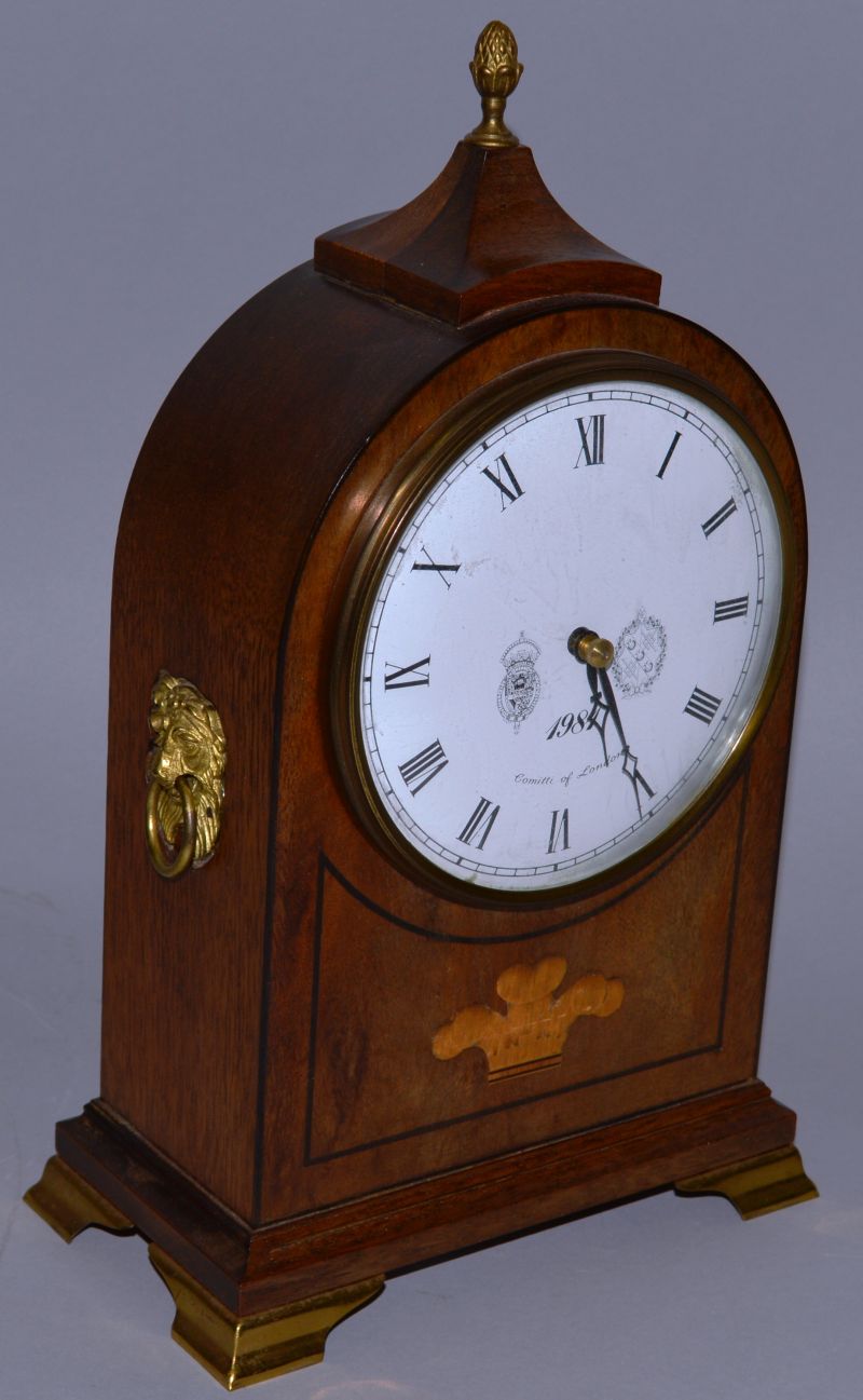 A GOOD INLAID STYLE MAHOGANY INLAID MANTLE CLOCK, Comitti of London 1981. 11ins high.