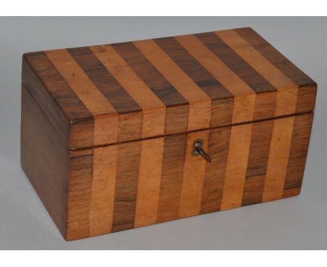 A 19TH CENTURY SATINWOOD AND ROSEWOOD TWO DIVISION TEA CADDY. 7.75ins wide. 