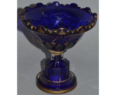 AN 18TH CENTURY FRENCH NEO CLASSIC BLUE CIRCULAR PEDESTAL BOWL with gilt decoration. 6ins high. 