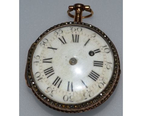 A SUPERB FRENCH 18TH CENTURY 18CT GOLD, DIAMOND AND ENAMEL MINIATURE VERGE POCKET WATCH by LEPINE A. PARIS with black and whi