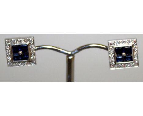 A PAIR OF ART DECO SQUARE SAPPHIRE AND DIAMOND EAR STUDS. 