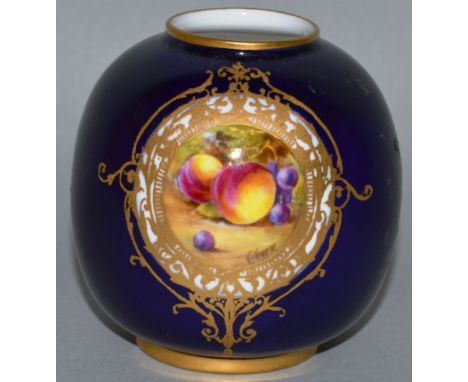 A SMALL ROYAL WORCESTER VASE, Pattern No. 2491, rich blue ground painted with fruit. 