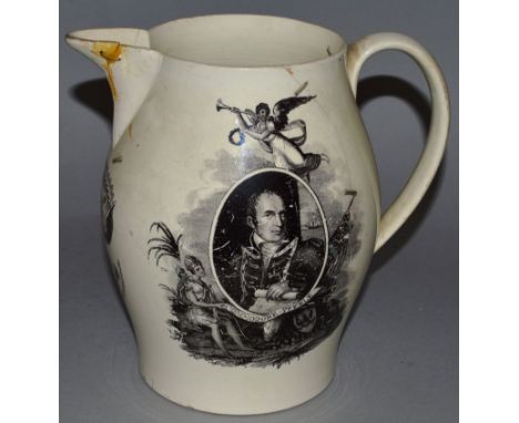 A LIVERPOOL HERCULANEUM CREAMWARE POTTERY JUG, “COMMODORE PREBLES SQUADRON ATTACKING THE CITY OF TRIPOLI, AUG. 3RD 1804”, a p
