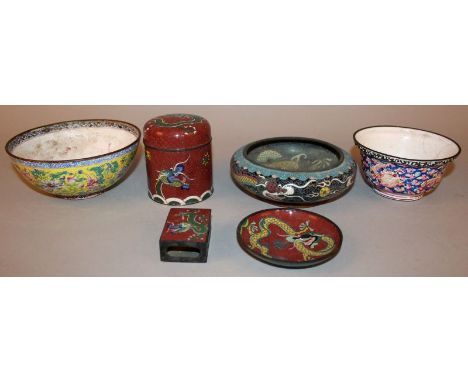 TWO CHINESE CANTON ENAMEL BOWLS, circa 1800, 5.9in & 4.7in diameter; together with four various pieces of 20th Century Chines