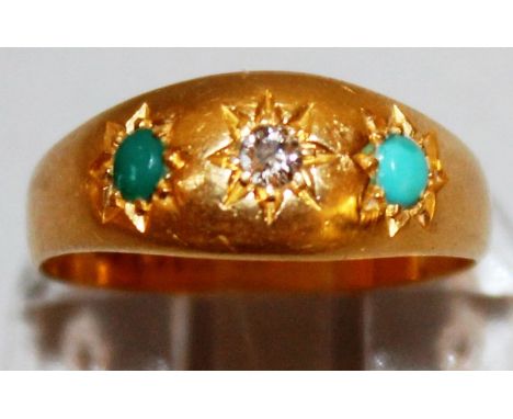 AN 18CT YELLOW GOLD, DIAMOND AND TURQUOISE SET RING. 