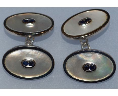 A PAIR OF SAPPHIRE AND MOTHER-OF-PEARL CUFFLINKS. 