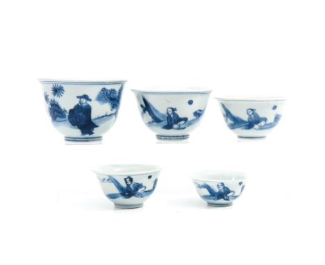 Depicting Chinese figures, including cups marked Chenghua, largest cup is 8 cm. in diameter. 