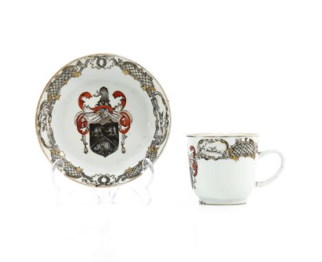 Armorial decor cup and saucer, saucer is 13 cm. in diameter, hairline.