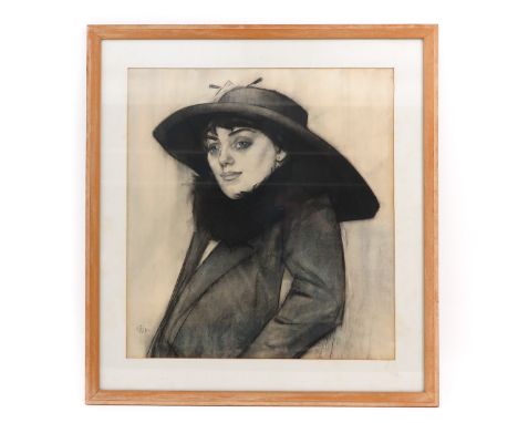 ( 1881 - 1941 ), depicting lady with hat, 54 x 59 cm.