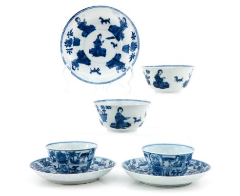 Including 4 cups and 3 saucers, in diverse blue and white decors, including 18th Century, largest saucer is 13 cm. in diamete
