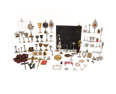 Consisting of, among other things, an altar bell, miniatures, rosary and altar tile, 34 x 34 cm.