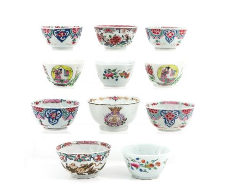 In Famille Rose decors, largest cup is 7 cm. in diameter, 2 cups are restored.