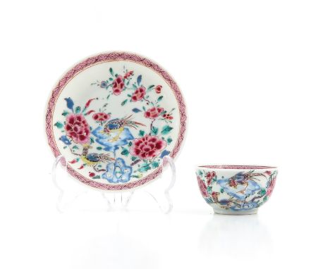Decorated with flowers and birds, saucers are 12 cm. in diameter. 