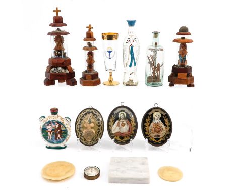 Including devotional bottles, devotionals and small reliquary tile, 11 x 11 cm.