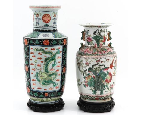 In polychrome decors, with holes in bottom and wood bases to be converted into lamp bases, tallest vase is 50 cm.