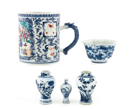 Including a polychrome decor mug 13 cm. tall, cup and 3 miniature vases, in diverse conditions.
