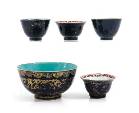 Blue and gilt decor, bowl is 11 cm. in diameter, cup is 7 cm. in diameter. 