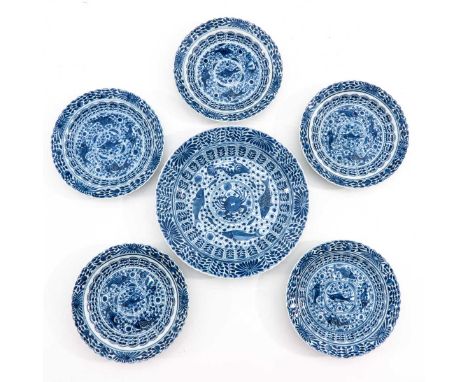 Decorated with flowers and sea creatures, Kangxi Period, largest plate is 20 cm. in diameter, chip.