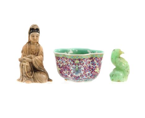 Including a small Famille Rose planter, carved stone sculpture depicting bird,and Quanuyin soapstone sculpture 11 cm. tall. 