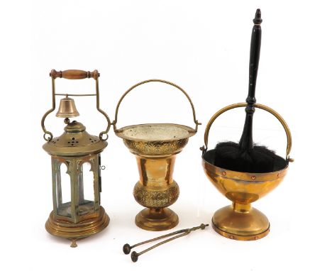 Religious objects, consisting of 2 holy water fonts and priest lamp with bell, height 42 cm.