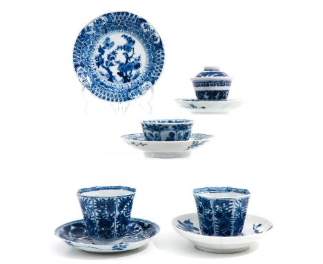 Including 4 cups and 5 saucers, blue and white floral decors, including 18th Century, chip and hairline.