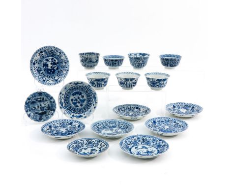 Including 7 cups and 10 saucers in blue and white decors, some 18th Century, largest saucer is 13 cm. in diameter, in diverse
