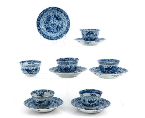 Blue and white decor depicting sea creatures, Kangxi mark, saucers are 13 cm. in diameter, in diverse conditions.
