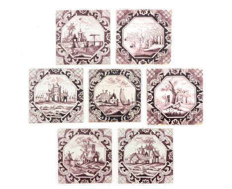 Consisting of 7 pieces of tile, with manganese decor of landscapes, 18th - 19th century, approx. 13 x 13 cm.