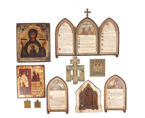 Religious items, including Coptic crosses with enamel and icons, largest 31 x 27 cm.