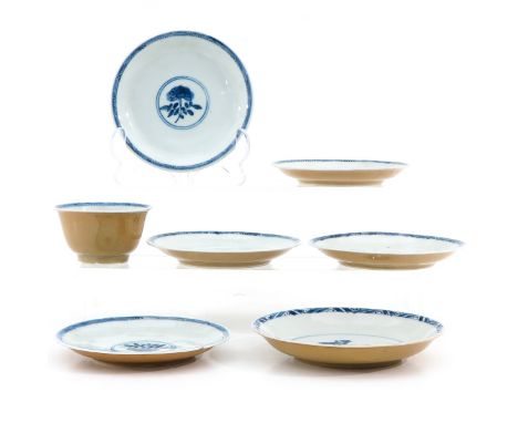 Including 1 cup and 6 saucers, 18th Century, saucers are 12 cm. in diameter, chip and hairline.