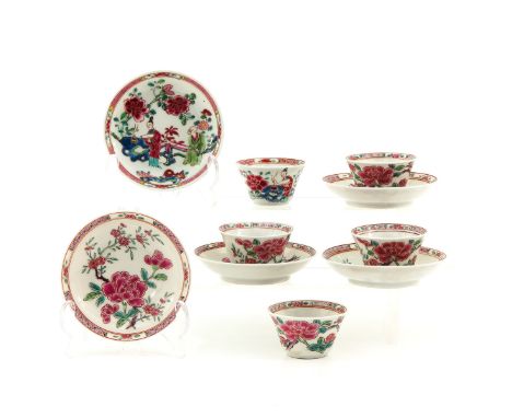 In Famille Rose decors, saucers are 10 cm. in diameter, chip.