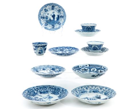 Including 3 cups and 8 saucers, in diverse decors and sizes, some 18th Century, largest saucer is 13 cm. in diameter, chip an
