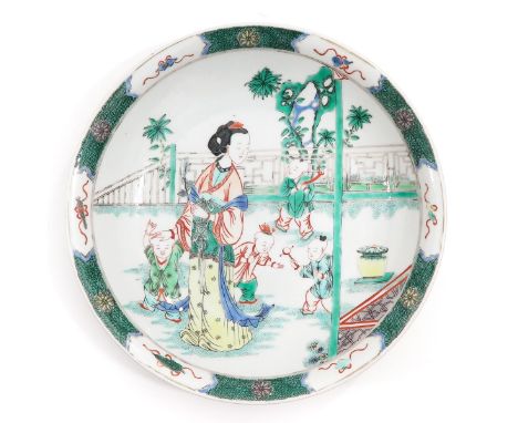 Depicting lady in garden with children, 29 cm. in diameter, Kangxi mark, 29 cm. in diameter. 