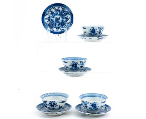 Including 4 cups and 5 saucers, depicting Chinese figures, saucers are 11 cm. in diameter, chip and hairline.