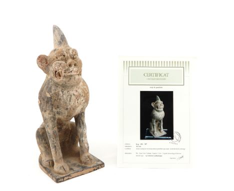 Tang Dynasty, depicting guardian spirit, 36 cm. tall, sold with certificate of Authenticity of Age  signed by expert Mr. Jean