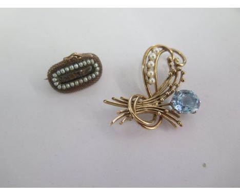 A 9ct yellow gold pearl brooch - Width 4cm - approx weight 8 grams and a gilt metal snake Mourning brooch - approx weight 3.6