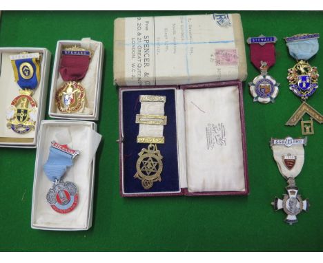 Four silver gilt and enamel Masonic Jewel - Medallions and three base metal jewels - all good 