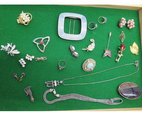 A collection of assorted costume jewellery and an enamel white metal buckle - in good condition - 7cm x 7cm 
