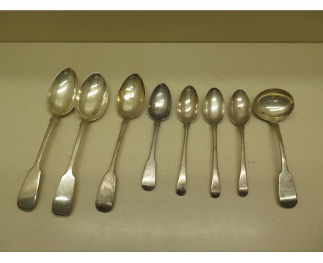 Seven silver spoons and a ladle - total weight approx 13 troy oz 