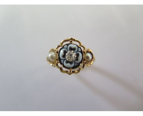 An antique 15ct (tested) pearl sardonyx and diamond ring - the ring mount is finely worked all over and engraved 1837 to the 