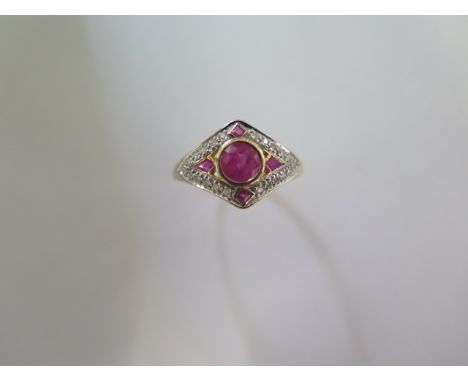 A 9ct yellow gold Luke Stockley of London art deco style ruby and diamond ring, head size approx 12mm x 18mm - ring size O/P 