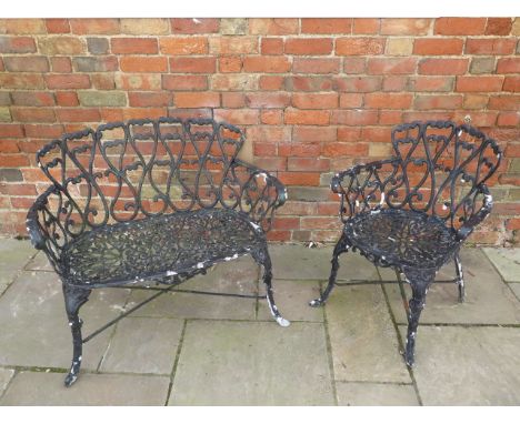 A vintage cast aluminium Love Heart design painted two seater bench - Width 94cm x Depth 53cm x Height 80cm and a chair - Wid
