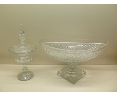 A cut glass Navette shaped bowl on stand - Height 25cm x 43cm - some scratches and small chips mainly to base and a cut glass