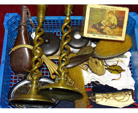 Two pairs of gold-rimmed spectacles, a leather shot flask, a pair of brass candlesticks and other items. 