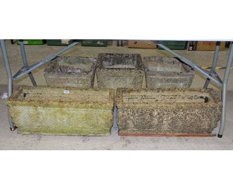 A pair of oblong cast concrete garden planters, 70 x 25cm, 27cm high and three square tapered cast concrete planters, 37cm sq
