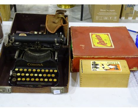 A Corona folding portable typewriter in leather carrying case, a Portrait Brownie No.2 camera, a Kodak Bantam folding camera,