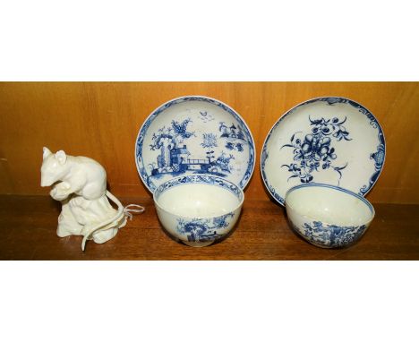 A late-18th century English porcelain blue and white decorated tea bowl and saucer, 7.5cm diameter, 4.5cm high, another simil