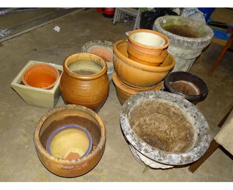 Three cast concrete garden planters, various terracotta and other garden pots. 