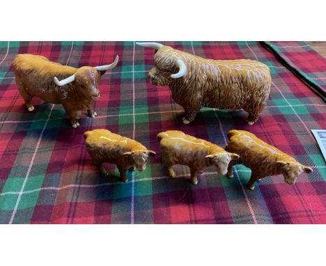  Sale Item:    BESWICK HIGHLAND CATTLE, BULL COW &amp; 3 CALVES (BULL HORNS AF)  Vat Status:   No Vat   Buyers Premium:  This